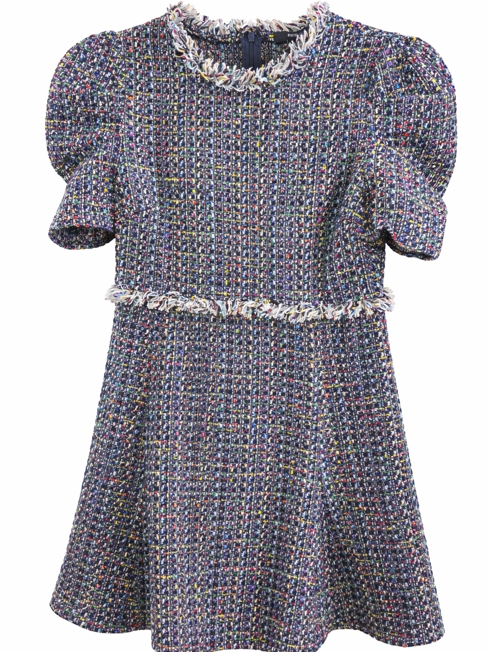 FATE Vintage Tweed Dress Fringe Shimmer Puff Sleeve Multicolor Fit & Flare M